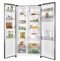 A refrigerator is open and filled with various food items. AI generated content
