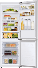 A refrigerator with a variety of food items and drinks, including fruits, vegetables, and juices. AI generated content