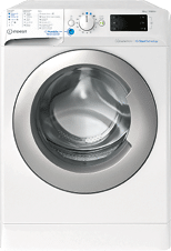A white front-loading washing machine with a glass door. AI generated content