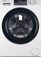 A white front-loading washing machine with a glass door. AI generated content