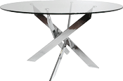 A modern round glass table with a clear top and a shiny, intersecting metal base. Description generated by AI