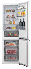 A white refrigerator with a variety of food and drinks inside. AI generated content