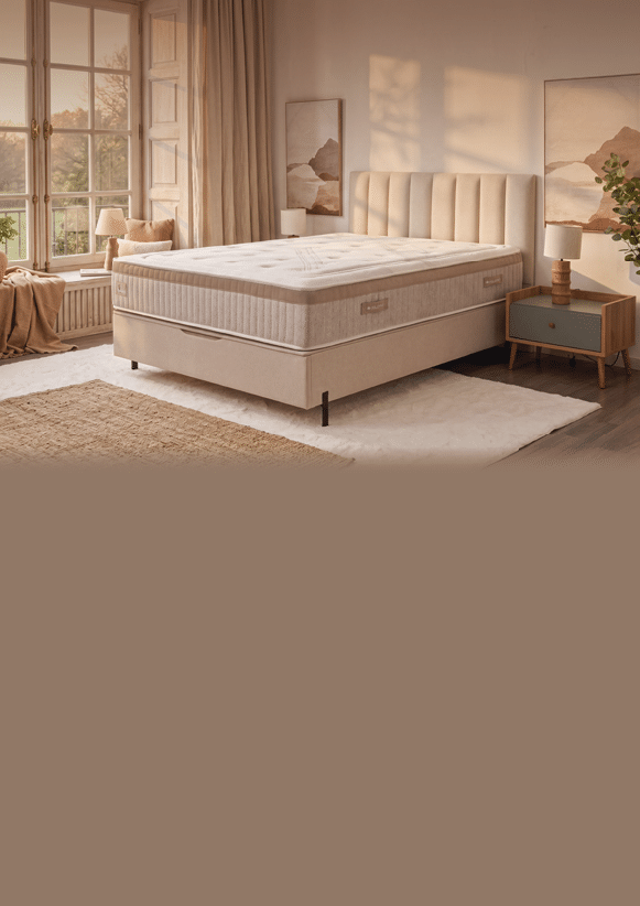 A large bed with a white mattress and pillows. AI generated content
