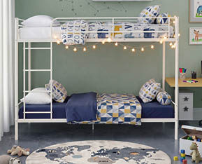 A white metal bunk bed with a white mattress and pillows. AI generated content