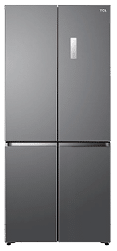 A large stainless steel refrigerator with a white door. AI generated content