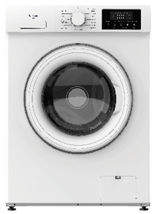 A white washing machine with a black door and a glass window. AI generated content