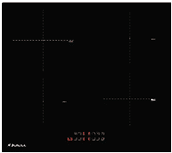 A black electric cooktop with four cooking zones marked by subtle cross lines and a digital control panel displaying red numbers and symbols at the bottom center. Description generated by AI