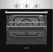 A modern stainless steel and black electric oven with three control knobs and an open door showing a wire rack and a baking tray inside. Description generated by AI