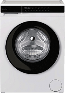 A white washing machine with a black door and a glass window. AI generated content