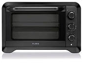 A black countertop toaster oven with three control knobs on the right side and a glass door showing two wire racks inside. Description generated by AI