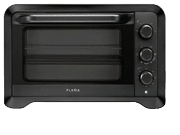 A black countertop toaster oven with a glass door and three control knobs on the right side. Description generated by AI