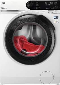 A front-loading AEG washing machine with a red towel visible inside the drum and a digital control panel on the top right. Description generated by AI