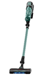 A modern cordless stick vacuum cleaner with a teal body and LED lights on the cleaning head. Description generated by AI