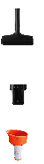 A black vacuum cleaner brush attachment, a black wall mount bracket, and an orange and white funnel-shaped accessory are displayed vertically on a white background. Description generated by AI