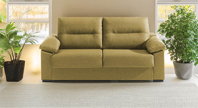 A green couch is placed in front of a window. AI generated content