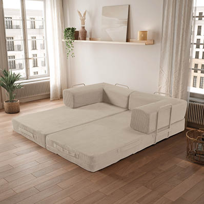 A large, orange couch is placed in a living room. AI generated content