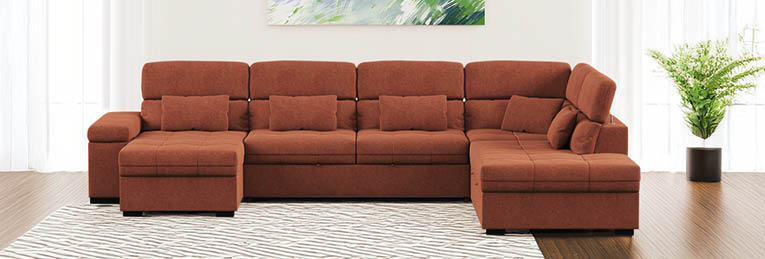 A large, light blue couch is in a living room with a painting on the wall. AI generated content