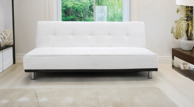 A white couch with a wooden frame is placed in a living room. AI generated content