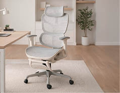 A white office chair is placed in front of a desk. AI generated content