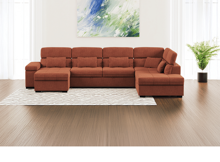 A large, light blue couch is in a living room with a painting on the wall. AI generated content
