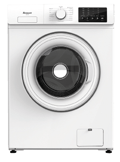 A white washing machine with a black door and a glass window. AI generated content