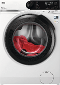 A front-loading AEG washing machine with a red towel visible inside the drum and a digital control panel on the top right. Description generated by AI