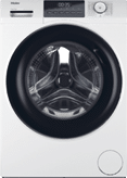 A white front-loading washing machine with a glass door. AI generated content