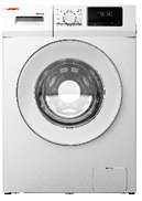 A white front-loading washing machine with a clear glass door. AI generated content