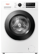 A white washing machine with a black door and a glass window. AI generated content