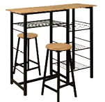 A black metal bar with three stools and a shelf above it. AI generated content