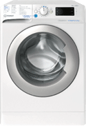 A white front-loading washing machine with a glass door. AI generated content