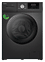 A black washing machine with a sticker on the door. AI generated content