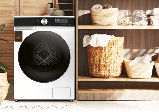 Modern washing machine and shelving unit in laundry room interior