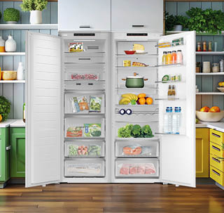 A large, open refrigerator filled with various food items and drinks. AI generated content