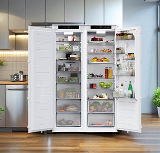 A large, open refrigerator filled with food and drinks. AI generated content