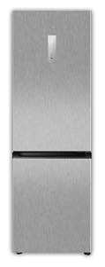 A large, metallic refrigerator with a black door. AI generated content