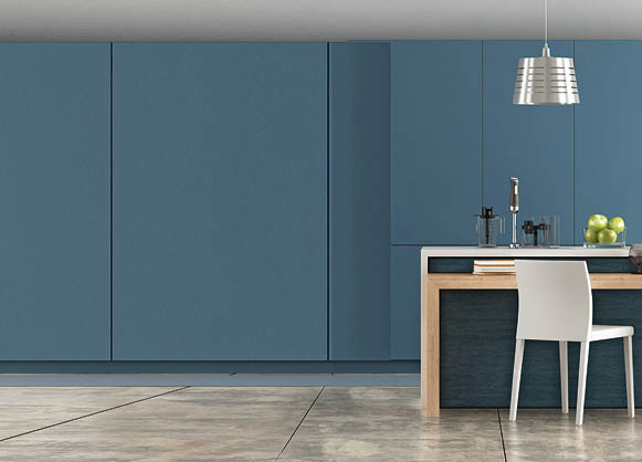 White and blue contemporary kitchen with arched ceiling and cement floor - 3d rendering