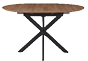 A wooden round table with a black metal base. AI generated content