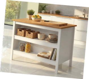 A white kitchen island with a wooden top and shelves. AI generated content