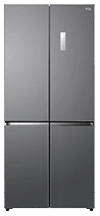 A large stainless steel refrigerator with a white door. AI generated content