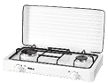 A white stove with two burners. AI generated content