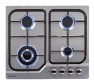 A stainless steel oven with a stove top and blue knobs. AI generated content
