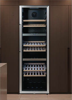 A wine refrigerator with a glass door and a stainless steel interior. AI generated content