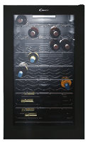 A black wine refrigerator with a glass door and a rack of wine bottles inside. AI generated content