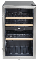 A black wine refrigerator with a glass door and a rack of wine bottles inside. AI generated content