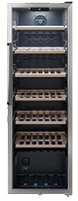 A black wine refrigerator with a glass door and a rack of wine bottles inside. AI generated content