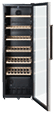 A black wine refrigerator with a glass door and a rack of wine bottles inside. AI generated content