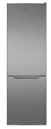 A stainless steel refrigerator is shown in a white room. AI generated content