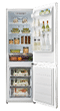 A white refrigerator with a variety of food items and bottles inside. AI generated content