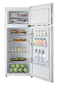 A white refrigerator with a variety of food and drinks inside. AI generated content
